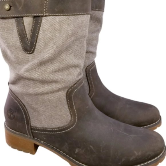 TIMBERLAND WOMEN BOOTS BROWN LEATHER GRAY CANVAS MOTORCYCLE COMBAT BOOTS SZ 7.5 - Picture 2 of 9
